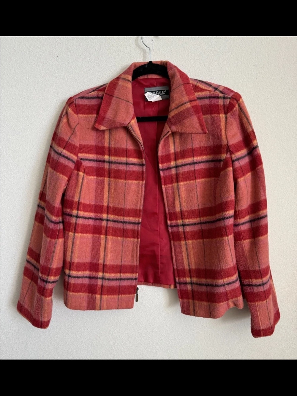 Vintage 80s 90s Pink Wool Buffalo Plaid Blanket Boxy Jacket Size 10